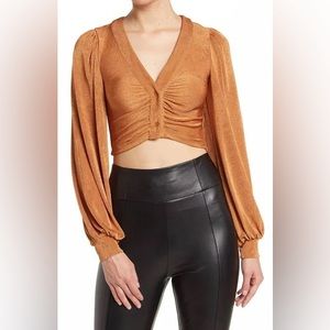 Elodie Womens XS Long Sleeve Ruched Crop Top Camel